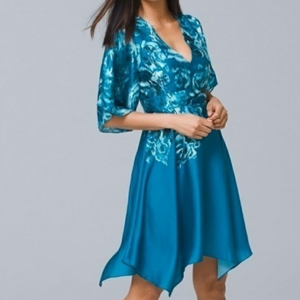Teal Floral V-Neck Handkerchief Hem Dress